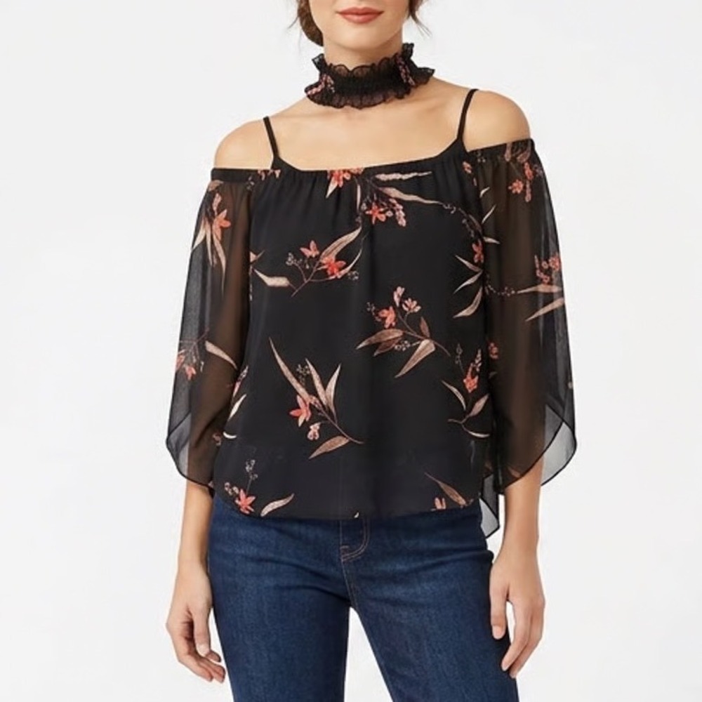 Olive Tree Black Floral Chiffon Off Shoulder Blouse M T7126 Made in USA